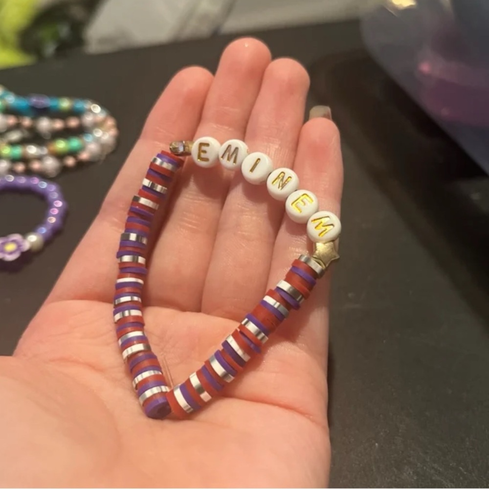 Purple, Red and White Clay Bead Eminem Bracelet